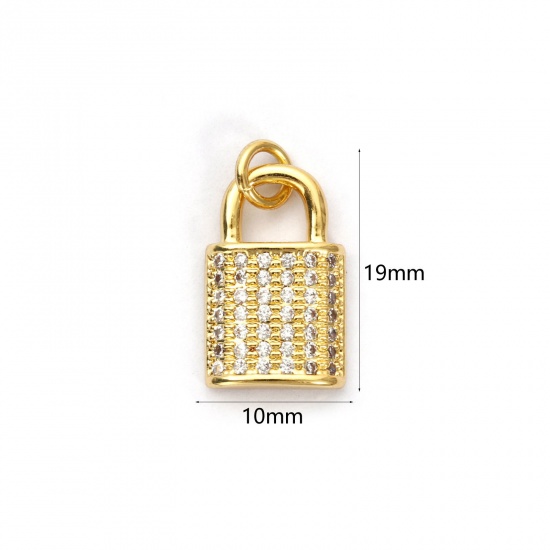 Bild von 1 Stück Umweltfreundlich Messing Charms 18K Echtgold plattiert Schloss Micro Pave Klar Kubischer Zirkon 19mm x 10mm