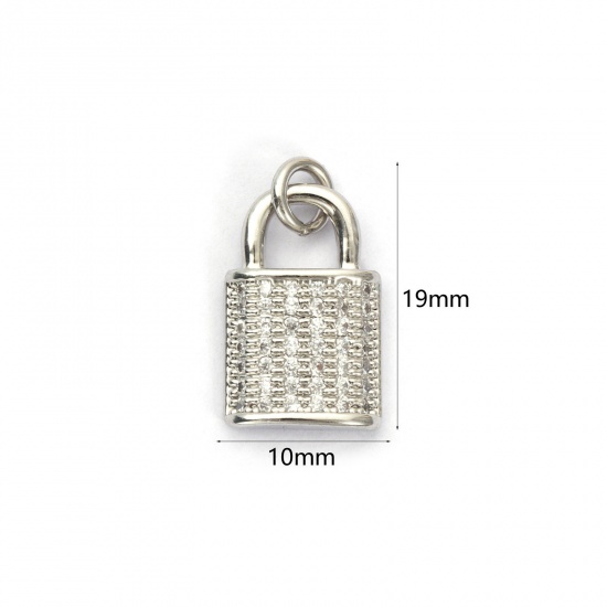 Bild von 1 Stück Umweltfreundlich Messing Charms Echt Platin plattiert Schloss Micro Pave Klar Kubischer Zirkon 19mm x 10mm