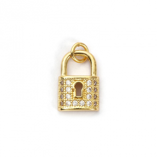 Bild von 1 Stück Umweltfreundlich Messing Charms 18K Echtgold plattiert Schloss Micro Pave Klar Kubischer Zirkon 18mm x 10mm