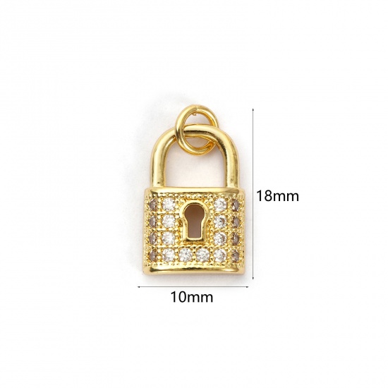 Bild von 1 Stück Umweltfreundlich Messing Charms 18K Echtgold plattiert Schloss Micro Pave Klar Kubischer Zirkon 18mm x 10mm