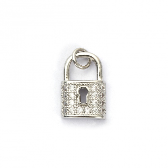 Bild von 1 Stück Umweltfreundlich Messing Charms Echt Platin plattiert Schloss Micro Pave Klar Kubischer Zirkon 18mm x 10mm