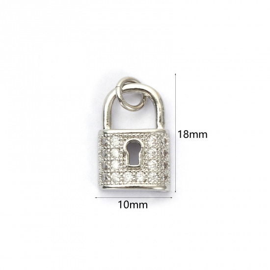 Bild von 1 Stück Umweltfreundlich Messing Charms Echt Platin plattiert Schloss Micro Pave Klar Kubischer Zirkon 18mm x 10mm