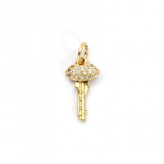 Bild von 1 Stück Umweltfreundlich Messing Charms 18K Echtgold plattiert Schlüssel Micro Pave Klar Kubischer Zirkon 18mm x 8mm