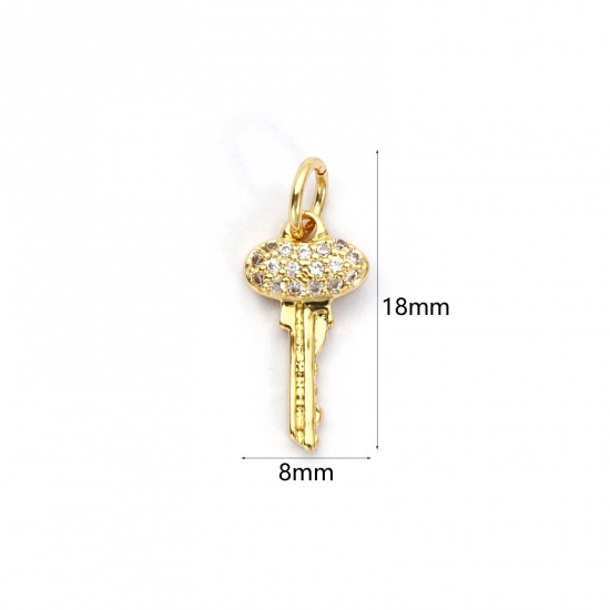 Bild von 1 Stück Umweltfreundlich Messing Charms 18K Echtgold plattiert Schlüssel Micro Pave Klar Kubischer Zirkon 18mm x 8mm