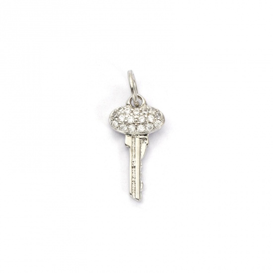Bild von 1 Stück Umweltfreundlich Messing Charms Echt Platin plattiert Schlüssel Micro Pave Klar Kubischer Zirkon 18mm x 8mm