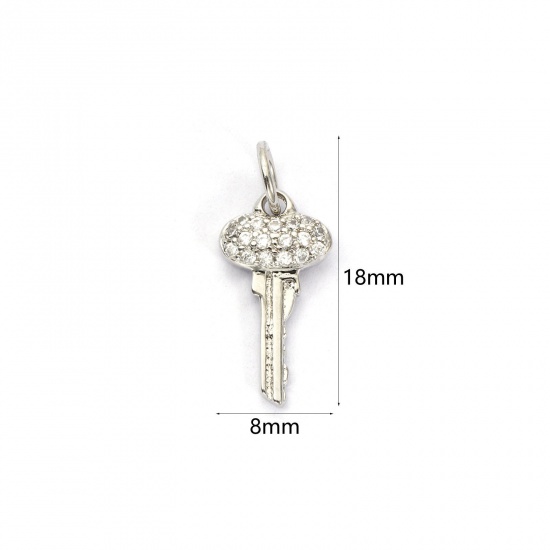 Bild von 1 Stück Umweltfreundlich Messing Charms Echt Platin plattiert Schlüssel Micro Pave Klar Kubischer Zirkon 18mm x 8mm