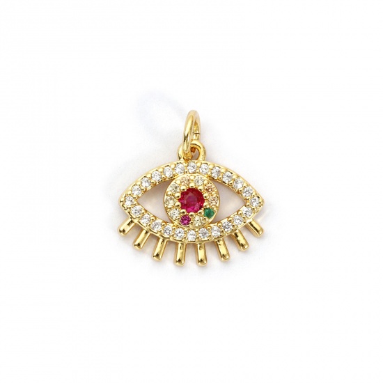 Bild von 1 Stück Umweltfreundlich Messing Charms 18K Echtgold plattiert Auge Micro Pave Bunt Kubischer Zirkon 16mm x 15mm