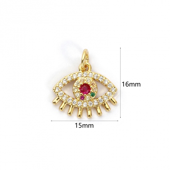Bild von 1 Stück Umweltfreundlich Messing Charms 18K Echtgold plattiert Auge Micro Pave Bunt Kubischer Zirkon 16mm x 15mm
