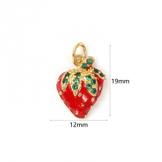 Immagine di 1 Piece Eco-friendly Brass Charms 18K Real Gold Plated Red Enamel Strawberry Fruit Micro Pave Green Cubic Zirconia 19mm x 12mm