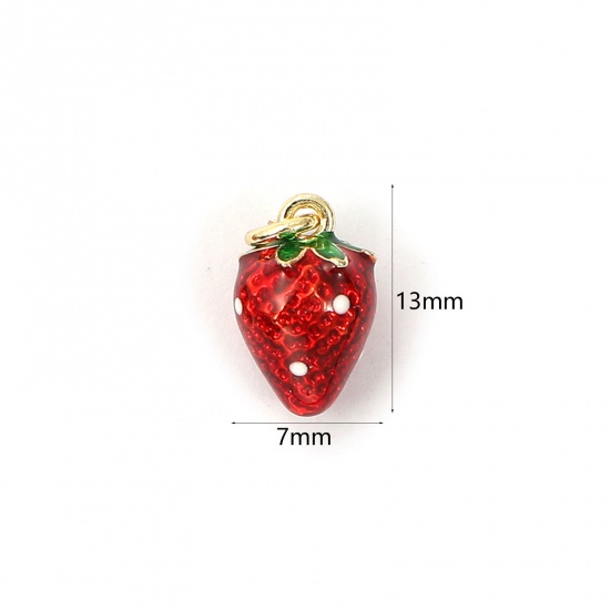 Immagine di 1 Piece Eco-friendly Brass Charms 18K Real Gold Plated Red Enamel Strawberry Fruit 3D 13mm x 7mm