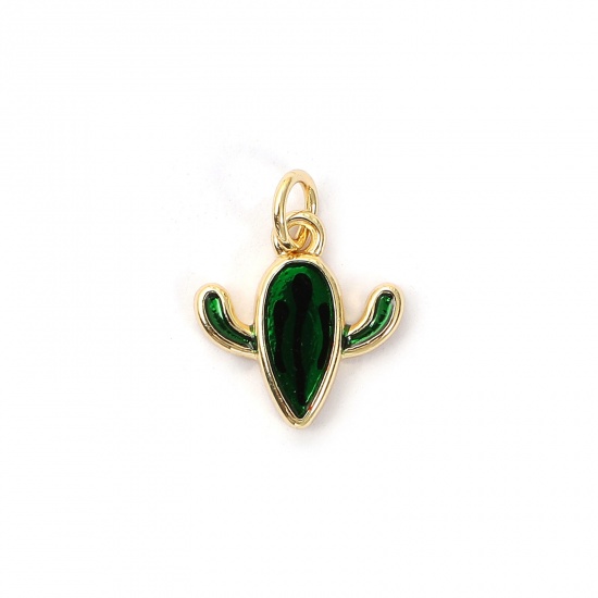 Immagine di 2 Pz Ecologico Ottone Ciondoli 18K Vero Oro Placcato Verde Smalto Cactus 16mm x 12.5mm