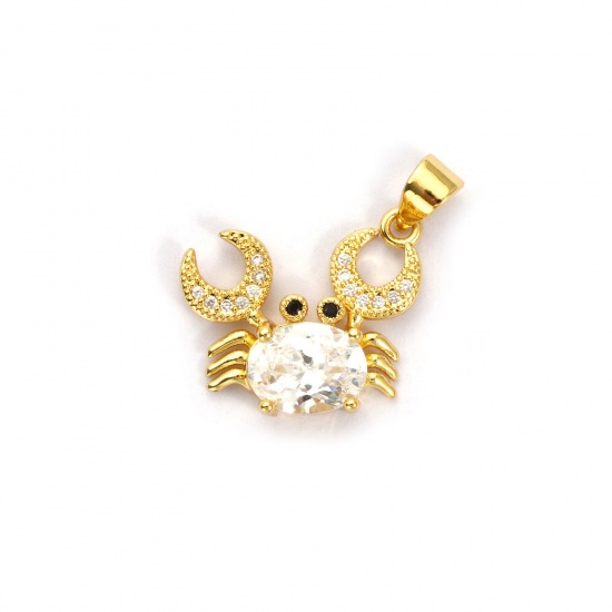Bild von 1 Stück Umweltfreundlich Messing Ozean Schmuck Charm-Anhänger 18K Echtgold plattiert Krabbe Micro Pave Klar Kubischer Zirkon 20mm x 19mm