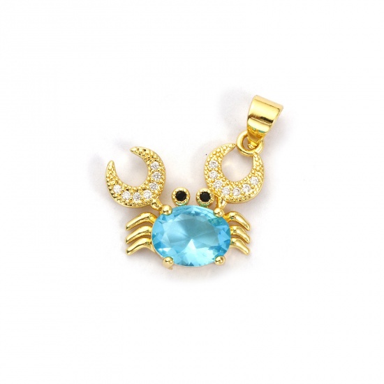 Bild von 1 Stück Umweltfreundlich Messing und Glas Ozean Schmuck Charm-Anhänger 18K Echtgold plattiert Hellblau Krabbe Micro Pave Klar Kubischer Zirkon 20mm x 19mm