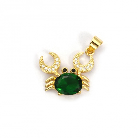 Bild von 1 Stück Umweltfreundlich Messing und Glas Ozean Schmuck Charm-Anhänger 18K Echtgold plattiert Dunkelgrün Krabbe Micro Pave Klar Kubischer Zirkon 20mm x 19mm