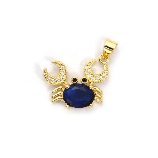Bild von 1 Stück Umweltfreundlich Messing und Glas Ozean Schmuck Charm-Anhänger 18K Echtgold plattiert Dunkelblau Krabbe Micro Pave Klar Kubischer Zirkon 20mm x 19mm