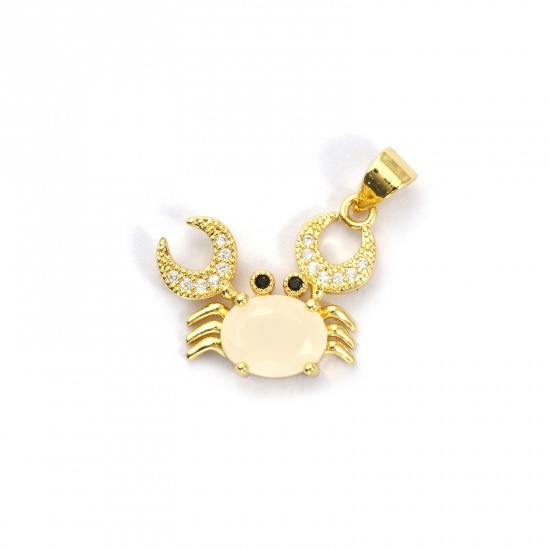 Bild von 1 Stück Umweltfreundlich Messing und Glas Ozean Schmuck Charm-Anhänger 18K Echtgold plattiert Grauweiß Krabbe Micro Pave Klar Kubischer Zirkon 20mm x 19mm