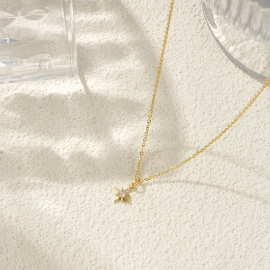 Immagine di 18K Vero Oro Placcato Catena a Cavo Stella Polare Collana con Ciondolo, Ottone 45cm + 5cm, Per Donne, Trasparente Cubic Zirconiae Elegante Galassia Regalo, Ecologico, 1 Pz