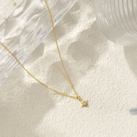 Immagine di 18K Vero Oro Placcato Catena a Cavo Stella Polare Collana con Ciondolo, Ottone 45cm + 5cm, Per Donne, Trasparente Cubic Zirconiae Elegante Galassia Regalo, Ecologico, 1 Pz