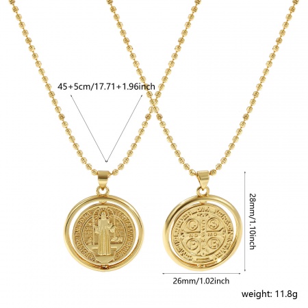 Imagen de 18K Oro Real Chapado Cadenas de Bola Medalla de San Benito Collar con Colgante, Latón 45cm + 5cm, Para Mujeres, Doble Cara Giratorio, Exquisito Religión Respetuoso del Medio Ambiente, 1 Unidad