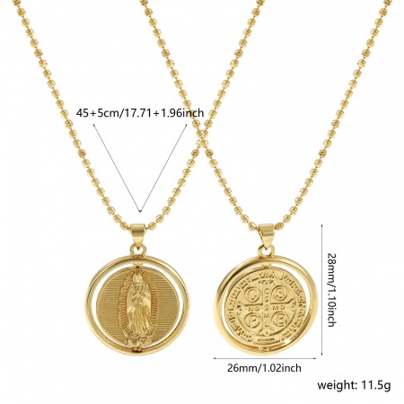Imagen de 18K Oro Real Chapado Cadenas de Bola Medalla de San Benito Collar con Colgante, Latón 45cm + 5cm, Para Mujeres, Virgen María Doble Cara Giratorio, Exquisito Religión Respetuoso del Medio Ambiente, 1 Unidad