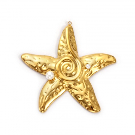 Picture of 1 Piece Eco-friendly PVD Vacuum Plating Waterproof Anti-Tarnish Hypoallergenic 304 Stainless Steel Ocean Jewelry Pendants 18K Real Gold Plated White Starfish Acrylic Imitation Pearl 6.4cm x 6.4cm