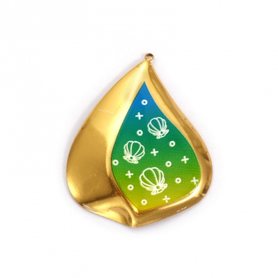 Immagine di 1 Pz Placcatura Sottovuoto PVD Ecologica 304 Acciaio Inossidabile Ciondoli Pendenti 18K Vero Oro Placcato Verde Smalto Conchiglia Conchiglia Colore Sfumato 5.9cm x 4.7cm