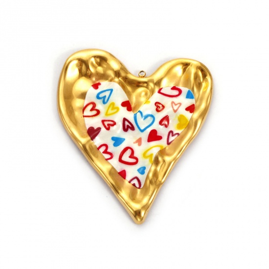 Immagine di 1 Pz Placcatura Sottovuoto PVD Ecologica 304 Acciaio Inossidabile San Valentino Ciondoli Pendenti 18K Vero Oro Placcato Multicolore Smalto Cuore 7cm x 6cm