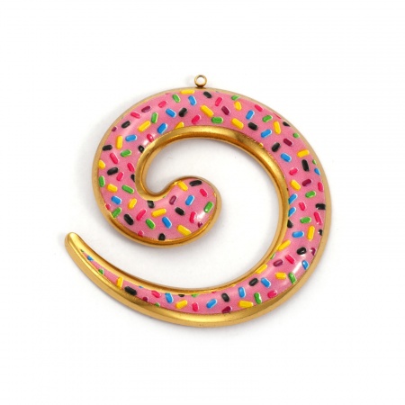 Picture of 1 Piece Eco-friendly PVD Vacuum Plating Waterproof Anti-Tarnish Hypoallergenic 304 Stainless Steel Pendants 18K Real Gold Plated Pink Enamel Spiral 6.2cm x 6.2cm