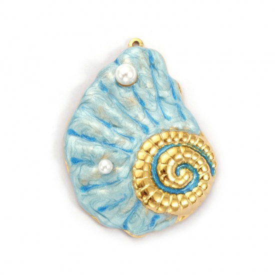 Immagine di 1 Pz Placcatura Sottovuoto PVD Ecologica 304 Acciaio Inossidabile Ciondoli Pendenti 18K Vero Oro Placcato Blu Smalto Conchiglia Perla Imitato Acrilico 4.7cm x 3.5cm