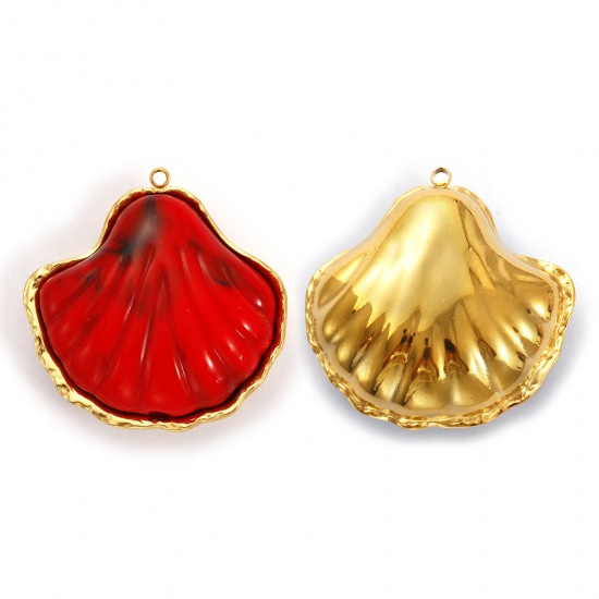 Picture of 1 Piece Eco-friendly PVD Vacuum Plating 304 Stainless Steel Pendants 18K Real Gold Plated Red Shell With Resin Cabochons 3.7cm x 3.6cm