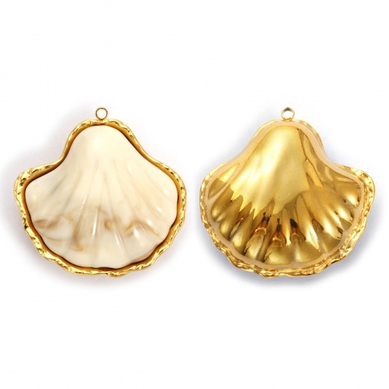 Picture of 1 Piece Eco-friendly PVD Vacuum Plating 304 Stainless Steel Pendants 18K Real Gold Plated Creamy-White Shell With Resin Cabochons 3.7cm x 3.6cm
