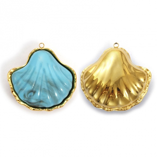 Picture of 1 Piece Eco-friendly PVD Vacuum Plating 304 Stainless Steel Pendants 18K Real Gold Plated Blue Shell With Resin Cabochons 3.7cm x 3.6cm