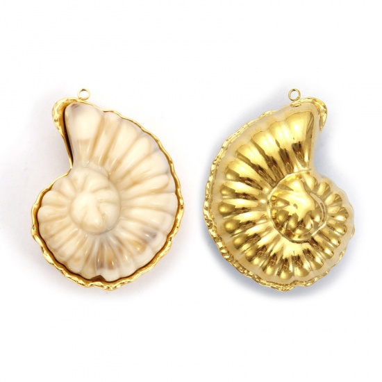 Picture of 1 Piece Eco-friendly PVD Vacuum Plating 304 Stainless Steel Pendants 18K Real Gold Plated Creamy-White Conch/ Sea Snail With Resin Cabochons 4.7cm x 3.5cm