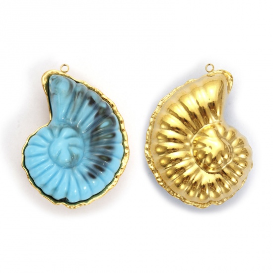 Picture of 1 Piece Eco-friendly PVD Vacuum Plating 304 Stainless Steel Pendants 18K Real Gold Plated Blue Conch/ Sea Snail With Resin Cabochons 4.7cm x 3.5cm