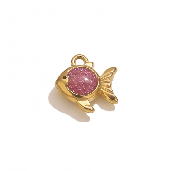 Immagine di 1 Piece Vacuum Plating 304 Stainless Steel Ocean Jewelry Charms 18K Gold Plated Pink Enamel Goldfish Glitter 15.5mm x 15mm