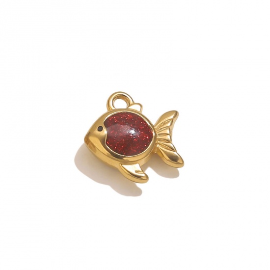 Immagine di 1 Piece Vacuum Plating 304 Stainless Steel Ocean Jewelry Charms 18K Gold Plated Red Enamel Goldfish Glitter 15.5mm x 15mm