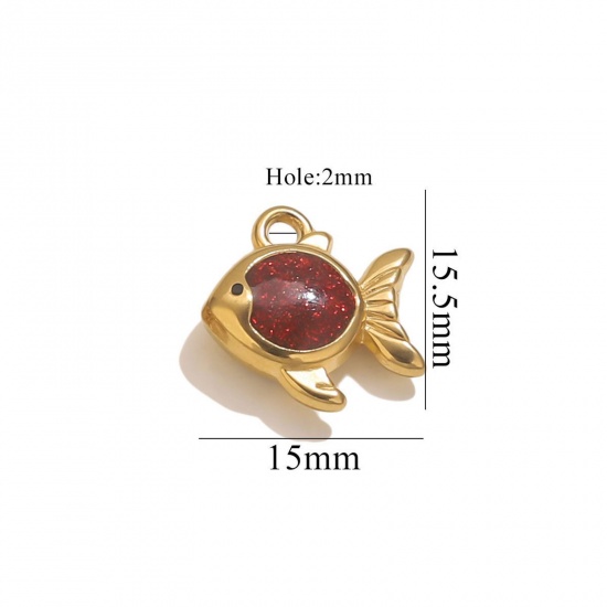 Immagine di 1 Piece Vacuum Plating 304 Stainless Steel Ocean Jewelry Charms 18K Gold Plated Red Enamel Goldfish Glitter 15.5mm x 15mm