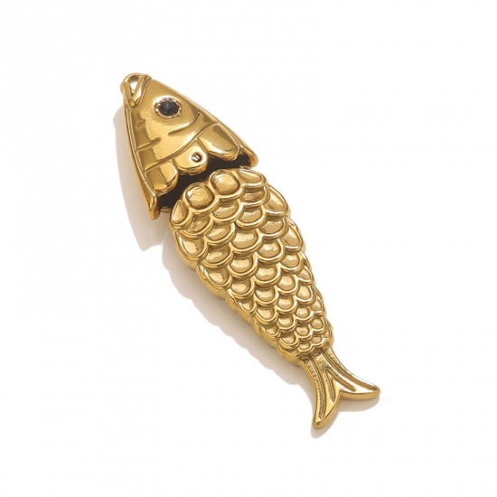 Изображение 1 Piece Vacuum Plating 304 Stainless Steel Ocean Jewelry Pendants 18K Gold Plated Fish Animal 3D Movable Black Cubic Zirconia 5cm x 1.4cm