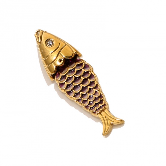 Изображение 1 Piece Vacuum Plating 304 Stainless Steel Ocean Jewelry Pendants 18K Gold Plated Purple Enamel Fish Animal 3D Movable Clear Cubic Zirconia 5cm x 1.4cm