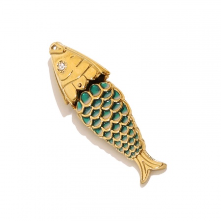 Picture of 1 Piece Vacuum Plating 304 Stainless Steel Ocean Jewelry Pendants 18K Gold Plated Green Enamel Fish Animal 3D Movable Clear Cubic Zirconia 5cm x 1.4cm