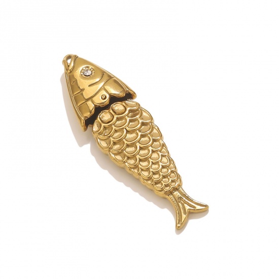 Изображение 1 Piece Vacuum Plating 304 Stainless Steel Ocean Jewelry Pendants 18K Gold Plated Fish Animal 3D Movable Clear Cubic Zirconia 5cm x 1.4cm