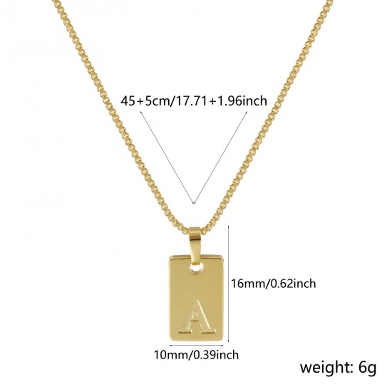 Immagine di 18K Vero Oro Placcato Catena a Casella Rettangolo Collana con Ciondolo, Ottone 45cm + 5cm, Per Donne, Messaggio " A " Minimalista Lettera Maiuscola Regalo, Ecologico, 1 Pz