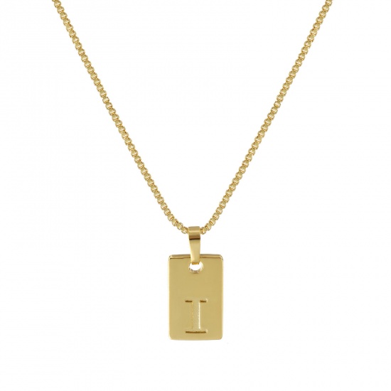 Immagine di 18K Vero Oro Placcato Catena a Casella Rettangolo Collana con Ciondolo, Ottone 45cm + 5cm, Per Donne, Messaggio " I " Minimalista Lettera Maiuscola Regalo, Ecologico, 1 Pz