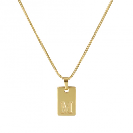 Immagine di 18K Vero Oro Placcato Catena a Casella Rettangolo Collana con Ciondolo, Ottone 45cm + 5cm, Per Donne, Messaggio " M " Minimalista Lettera Maiuscola Regalo, Ecologico, 1 Pz