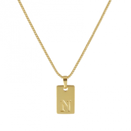 Immagine di 18K Vero Oro Placcato Catena a Casella Rettangolo Collana con Ciondolo, Ottone 45cm + 5cm, Per Donne, Messaggio " N " Minimalista Lettera Maiuscola Regalo, Ecologico, 1 Pz