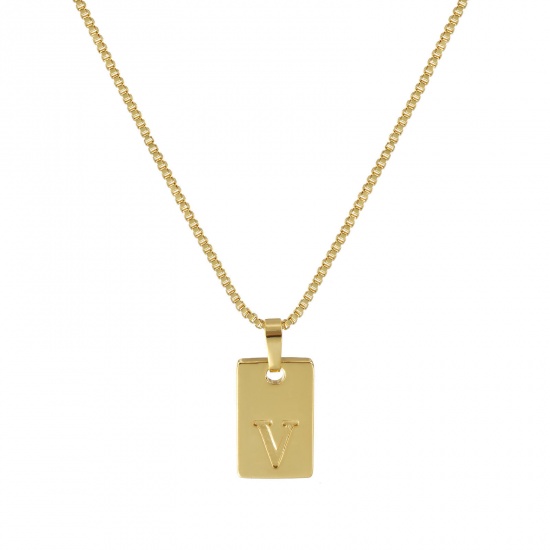Immagine di 18K Vero Oro Placcato Catena a Casella Rettangolo Collana con Ciondolo, Ottone 45cm + 5cm, Per Donne, Messaggio " V " Minimalista Lettera Maiuscola Regalo, Ecologico, 1 Pz