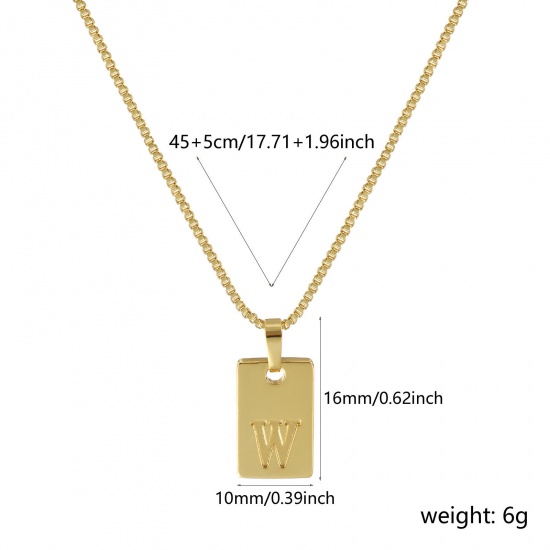 Immagine di 18K Vero Oro Placcato Catena a Casella Rettangolo Collana con Ciondolo, Ottone 45cm + 5cm, Per Donne, Messaggio " W " Minimalista Lettera Maiuscola Regalo, Ecologico, 1 Pz