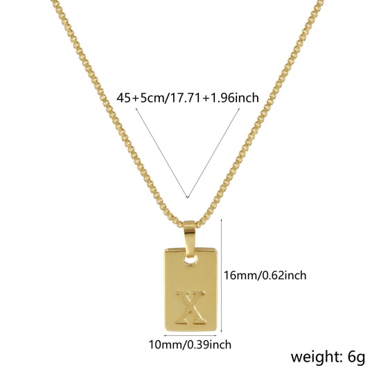 Immagine di 18K Vero Oro Placcato Catena a Casella Rettangolo Collana con Ciondolo, Ottone 45cm + 5cm, Per Donne, Messaggio " X " Minimalista Lettera Maiuscola Regalo, Ecologico, 1 Pz