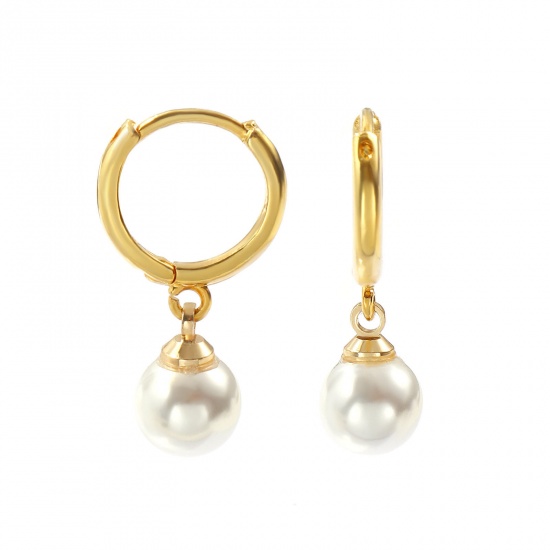 Immagine di 1 Paio Ecologico Elegante Squisito 18K Vero Oro Placcato Bianco Ottone Tondo Perla Imitato Acrilico Orecchino Per Donne Regalo 26mm x 14mm, Posta / Filo Dimensione: 1mm(18 misura)