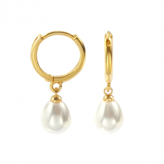 Immagine di 1 Paio Ecologico Elegante Squisito 18K Vero Oro Placcato Bianco Ottone Goccia Perla Imitato Acrilico Orecchino Per Donne Regalo 27mm x 14mm, Posta / Filo Dimensione: 1mm(18 misura)